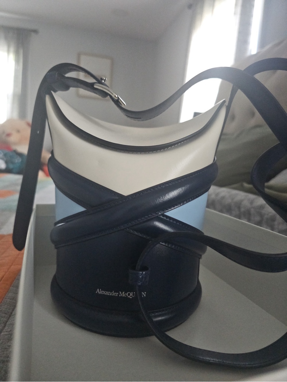 Alexander McQueen Navy, Light Blue & White Leather Crossbody Bucket Bag